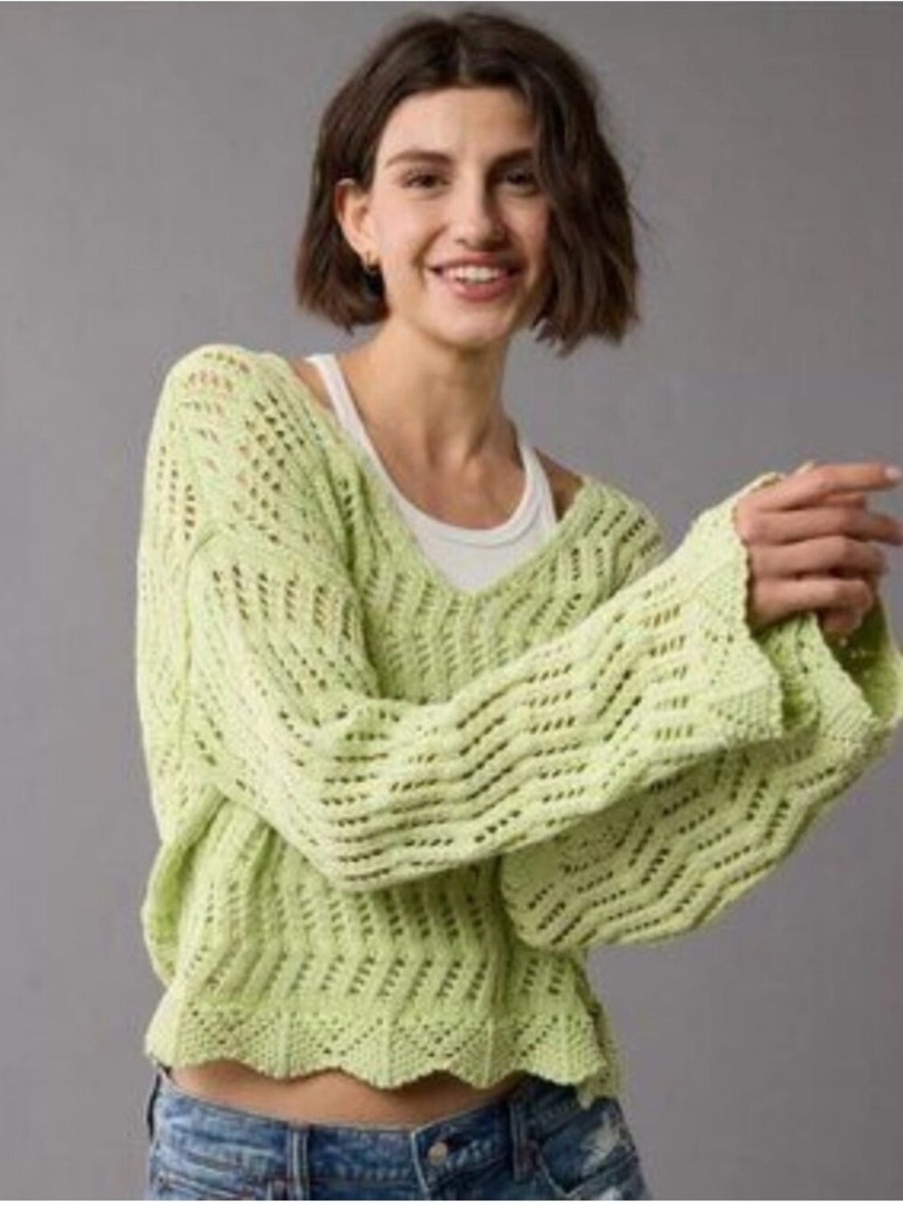 American Eagle Outfitters Light Green Open-Knit Scoop Neck Sweater